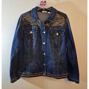 Chico's Womens Jean Jacket Blue Gold Lace Embellished Studded Sequin Size (3) XL